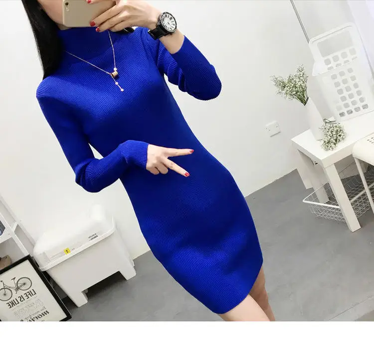 Blue Knitted Long-Sleeve Mid-Length Dress for Women — feature 3