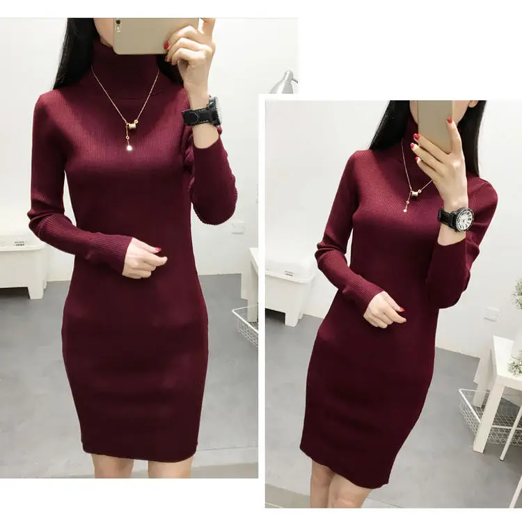 Blue Knitted Long-Sleeve Mid-Length Dress for Women — feature 5