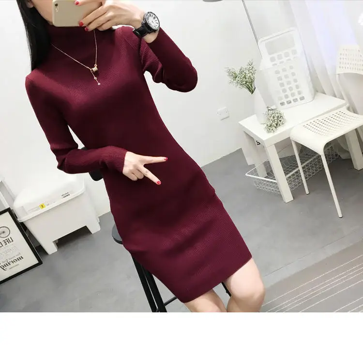 Blue Knitted Long-Sleeve Mid-Length Dress for Women — feature 6