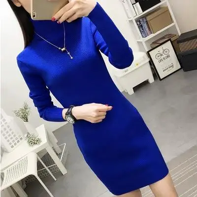 Blue Knitted Long-Sleeve Mid-Length Dress for Women - Image 4