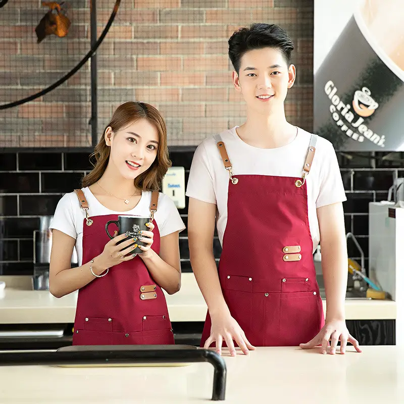 Restaurant Waiter Apron Red Denim Canvas Shoulder Belt - Image 3