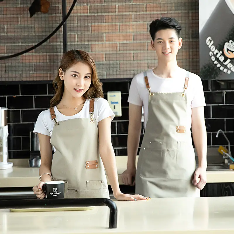 Restaurant Waiter Apron Red Denim Canvas Shoulder Belt - Image 4