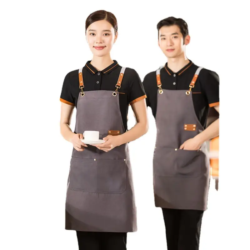 Restaurant Waiter Apron Red Denim Canvas Shoulder Belt - Image 5