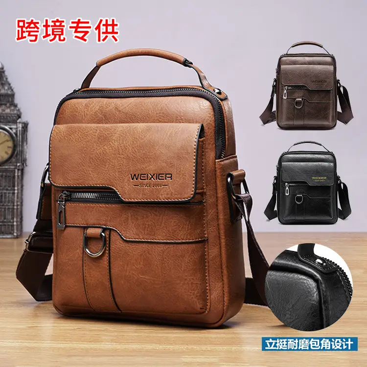 Men's Black Leather Crossbody Shoulder Bag Retro Business Style - Image 15