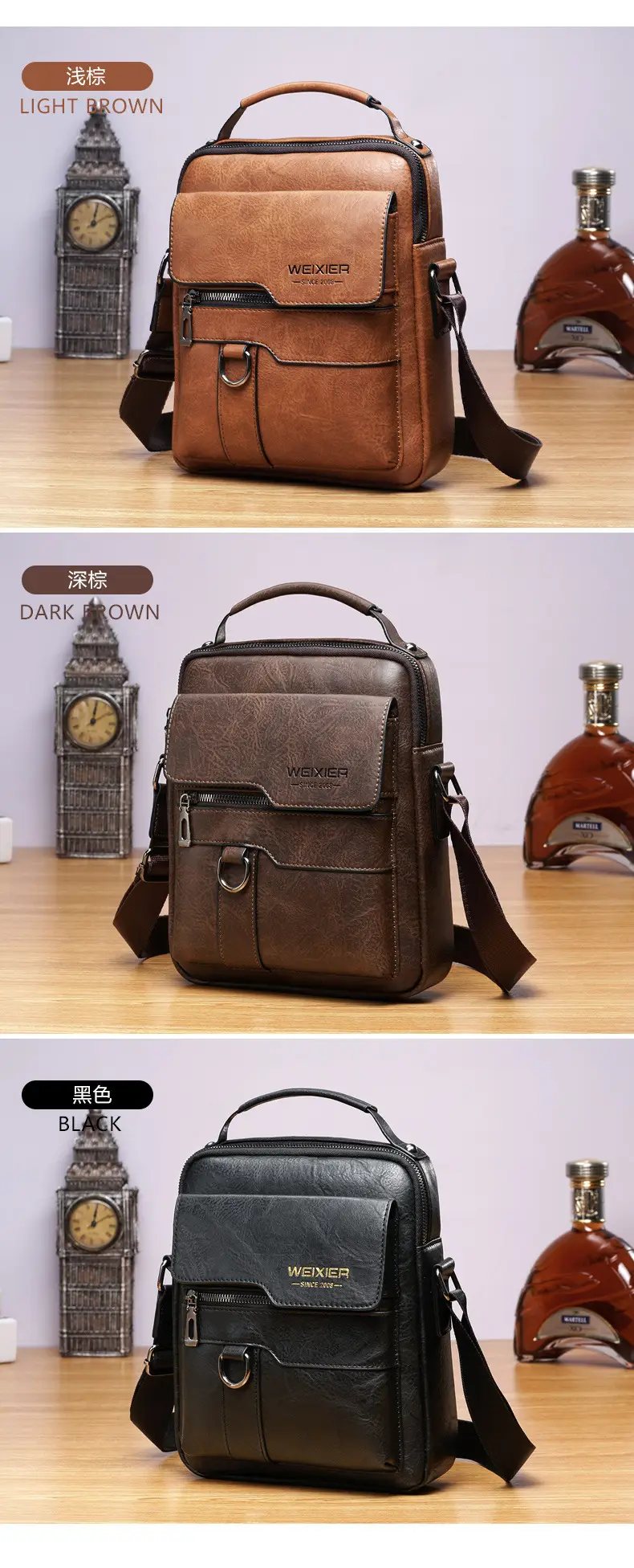 Men's Black Leather Crossbody Shoulder Bag Retro Business Style — feature 8