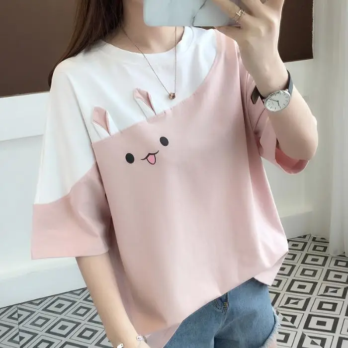 Women's Color-Block Short Sleeve T-Shirt with Rabbit Embroidery - Image 3