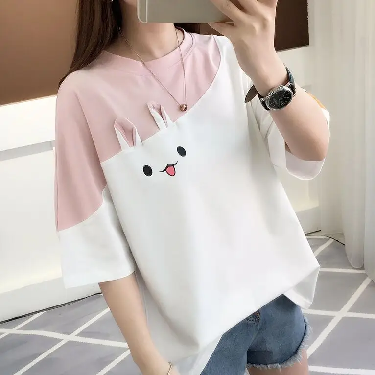 Women's Color-Block Short Sleeve T-Shirt with Rabbit Embroidery - Image 4