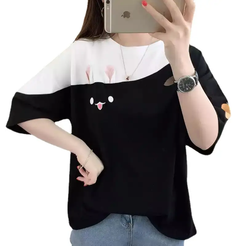 Women's Color-Block Short Sleeve T-Shirt with Rabbit Embroidery - Image 6