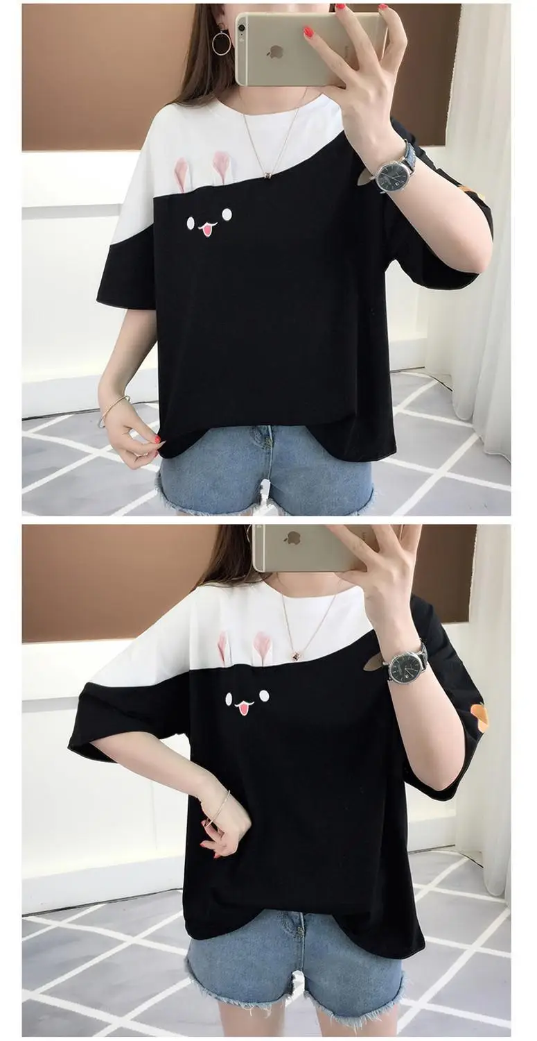 Women's Color-Block Short Sleeve T-Shirt with Rabbit Embroidery — feature 3