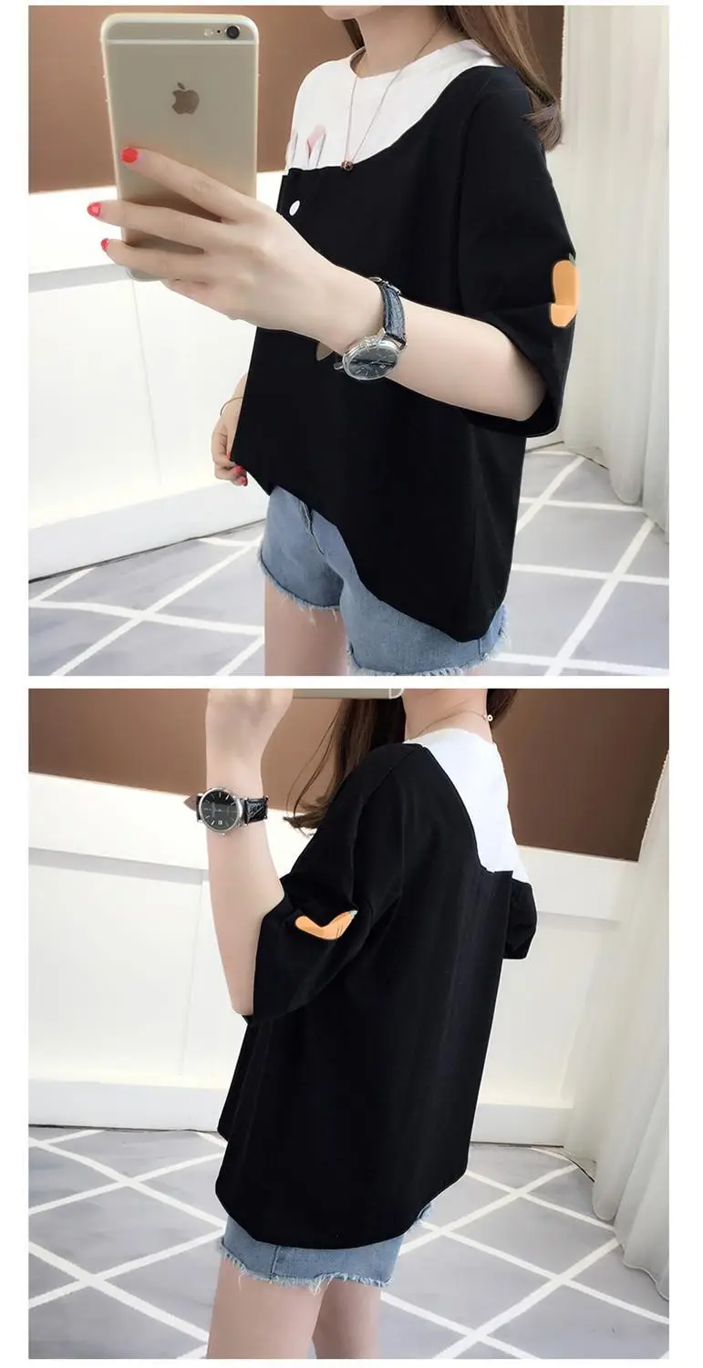 Women's Color-Block Short Sleeve T-Shirt with Rabbit Embroidery — feature 5