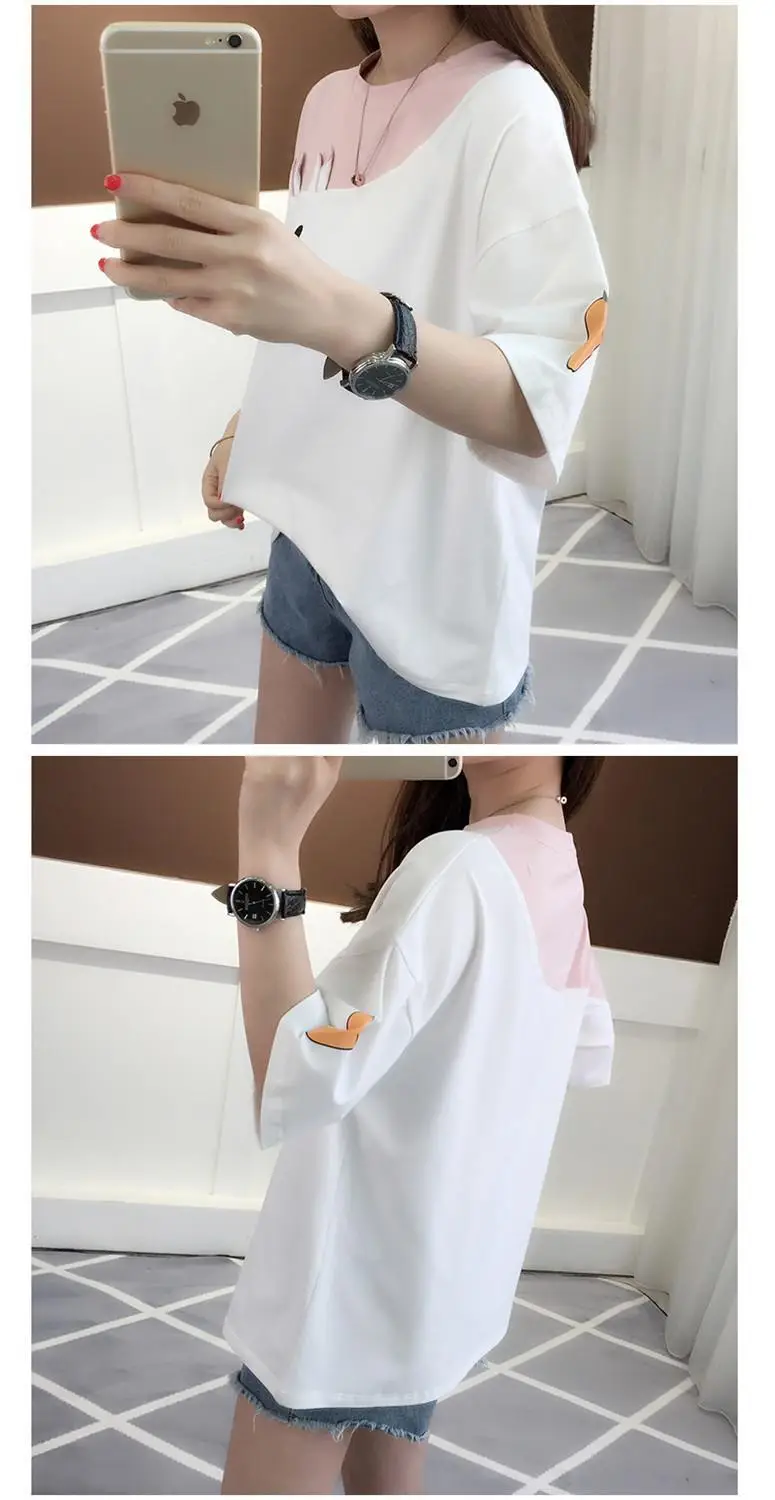 Women's Color-Block Short Sleeve T-Shirt with Rabbit Embroidery — feature 7