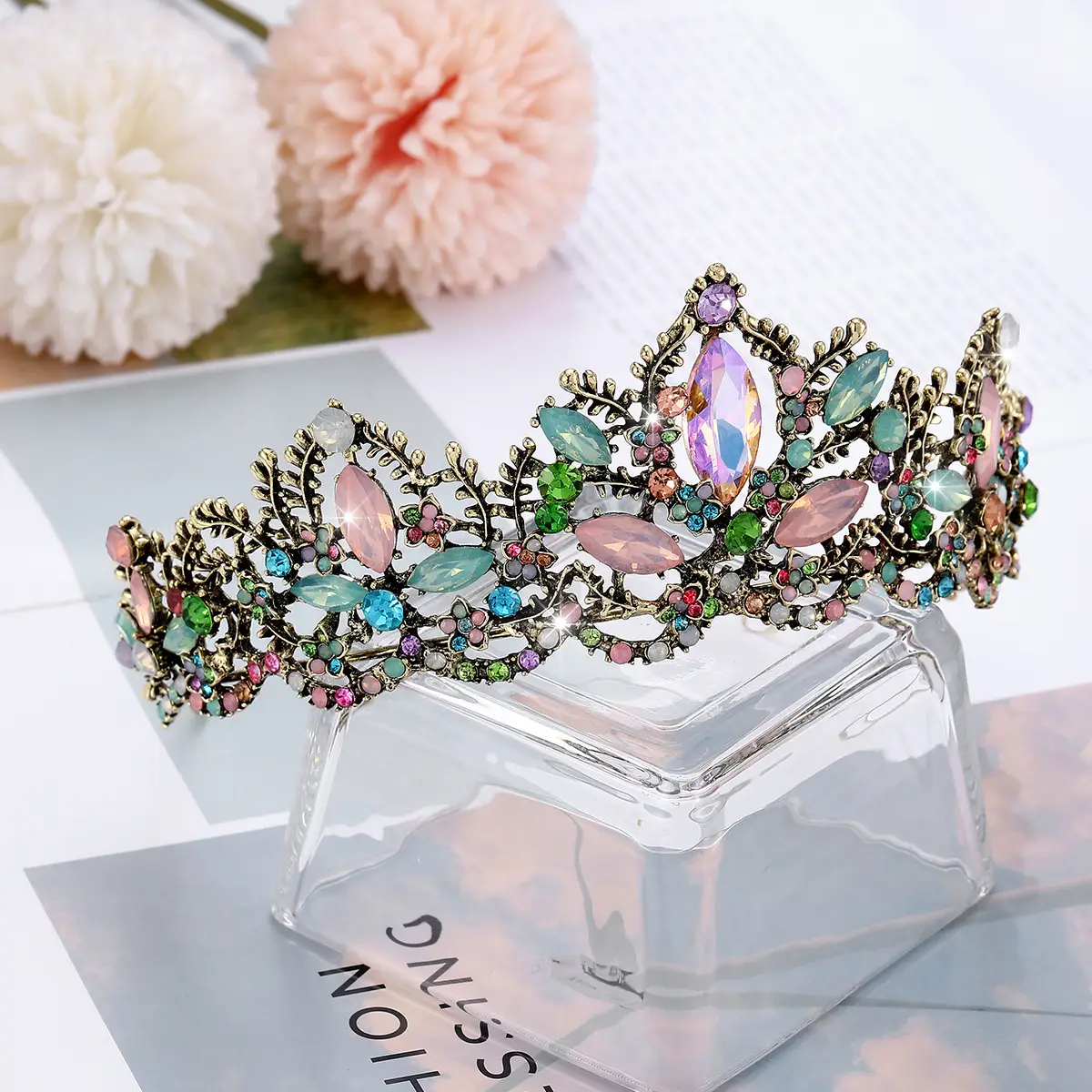 Luxury Crystal Bridal Hair Crown with Red Resin & Gold Alloy — feature 8