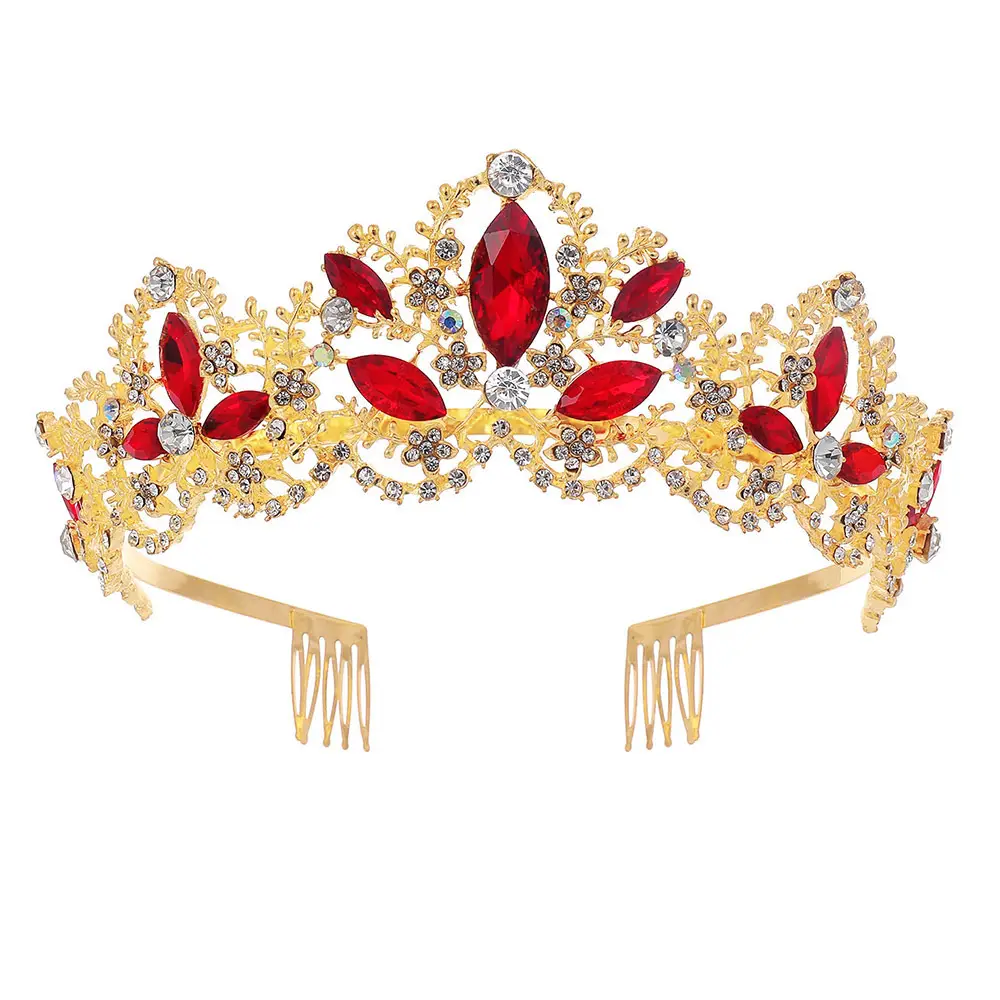 Luxury Crystal Bridal Hair Crown with Red Resin & Gold Alloy - Image 8
