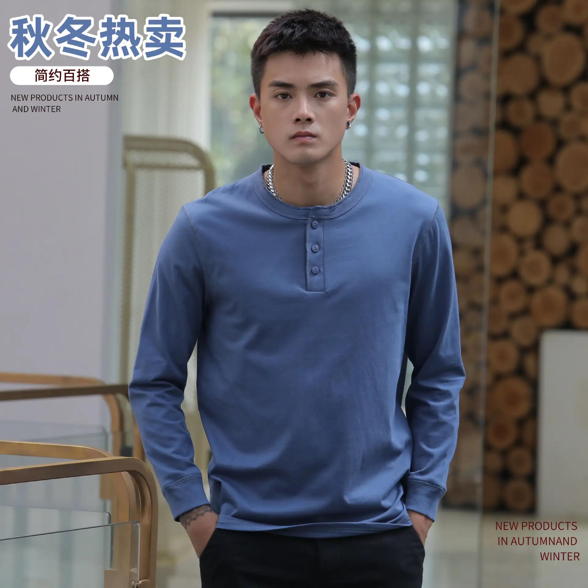 Men Pure Cotton Wash Henley Collar T-Shirt Olive Green - Image 8