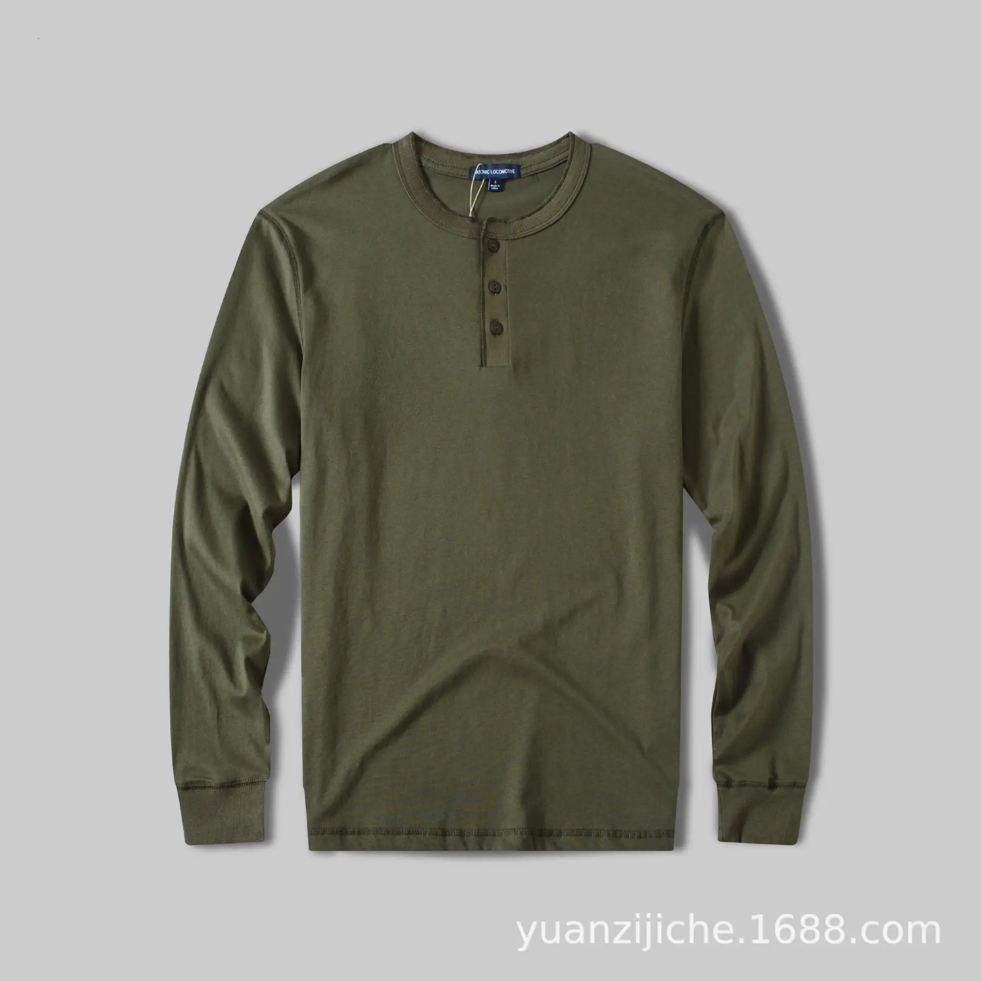 Men Pure Cotton Wash Henley Collar T-Shirt Olive Green - Image 6