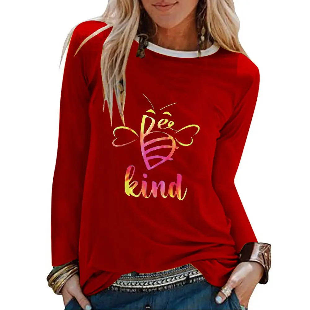 Women's Red Printed Long Sleeve T-Shirt with Kind Bee Design - Image 2