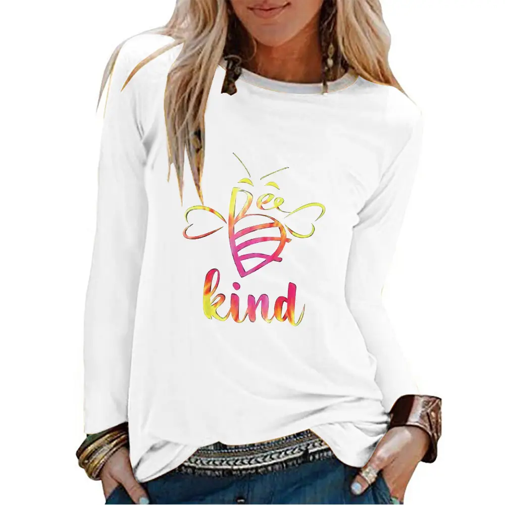Women's Red Printed Long Sleeve T-Shirt with Kind Bee Design - Image 4
