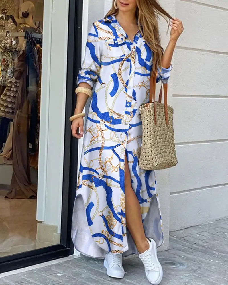 Women's Printed Long Sleeve Shirt Dress Spring Summer - Image 3