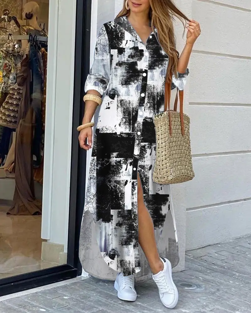 Women's Printed Long Sleeve Shirt Dress Spring Summer - Image 4