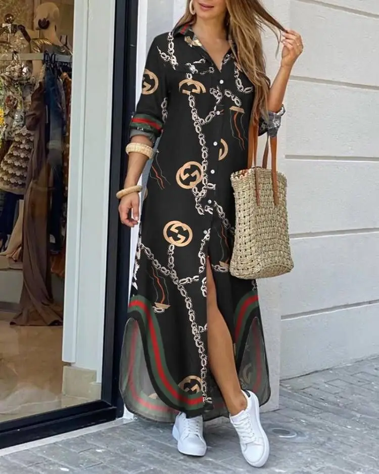 Women's Printed Long Sleeve Shirt Dress Spring Summer - Image 6
