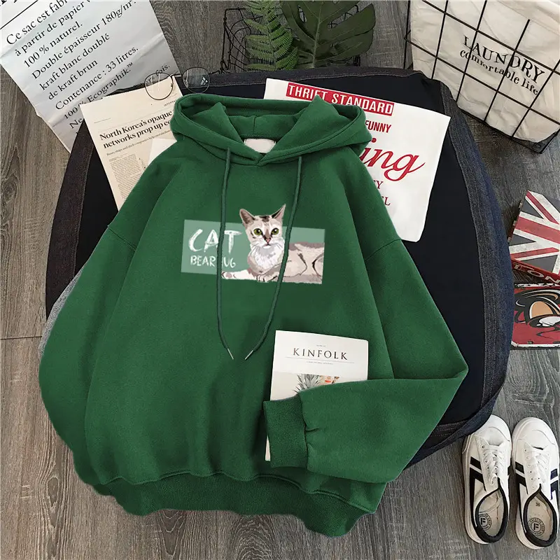 Women Fleece Hoodie Blue Cat Print Winter Warm - Image 9