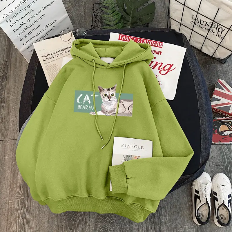 Women Fleece Hoodie Blue Cat Print Winter Warm - Image 10