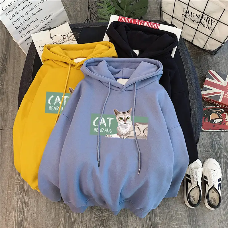 Women Fleece Hoodie Blue Cat Print Winter Warm — feature 3