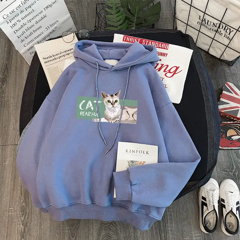 Women Fleece Hoodie Blue Cat Print Winter Warm — feature 9