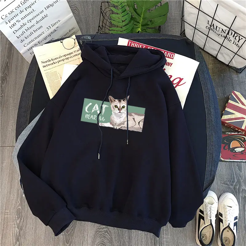 Women Fleece Hoodie Blue Cat Print Winter Warm - Image 2