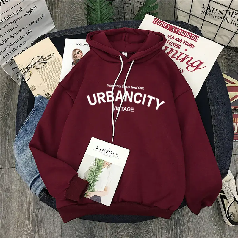 Women Fleece Hoodie Urban Vintage Black Long Sleeve