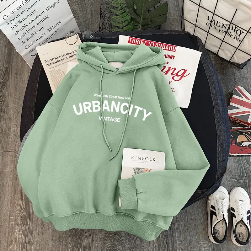 Women Fleece Hoodie Urban Vintage Black Long Sleeve