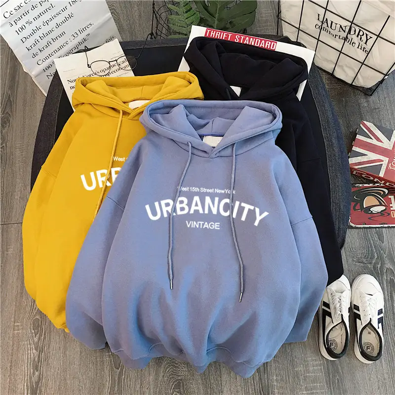 Women Fleece Hoodie Urban Vintage Black Long Sleeve