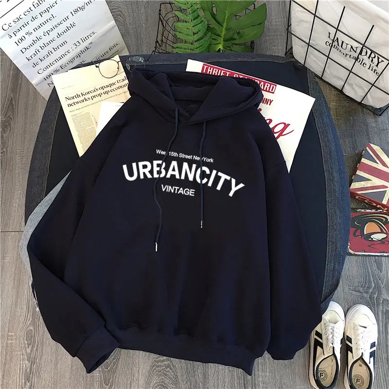 Women Fleece Hoodie Urban Vintage Black Long Sleeve