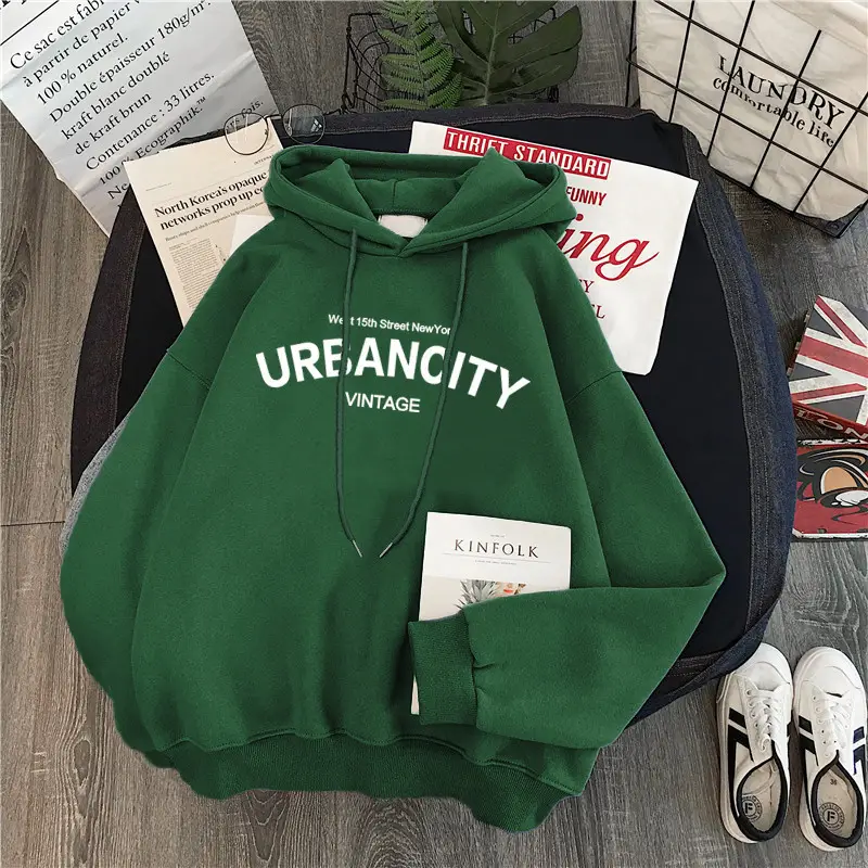Women Fleece Hoodie Urban Vintage Black Long Sleeve