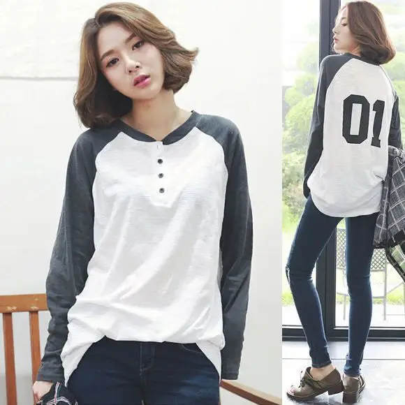 Women Long Sleeve White Black T-Shirt Mid Length Loose