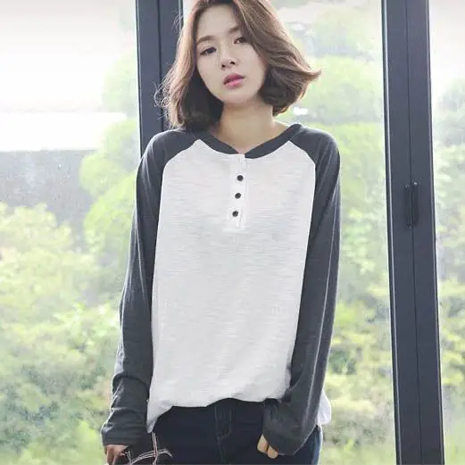 Women Long Sleeve White Black T-Shirt Mid Length Loose - Image 2