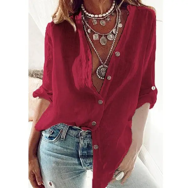 Women Cotton V-Neck Long Sleeve Top Red - Image 2