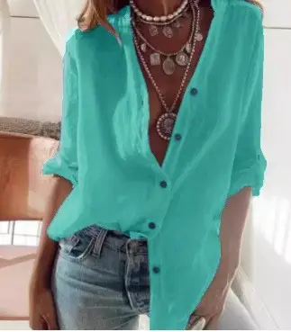 Women Cotton V-Neck Long Sleeve Top Red - Image 5