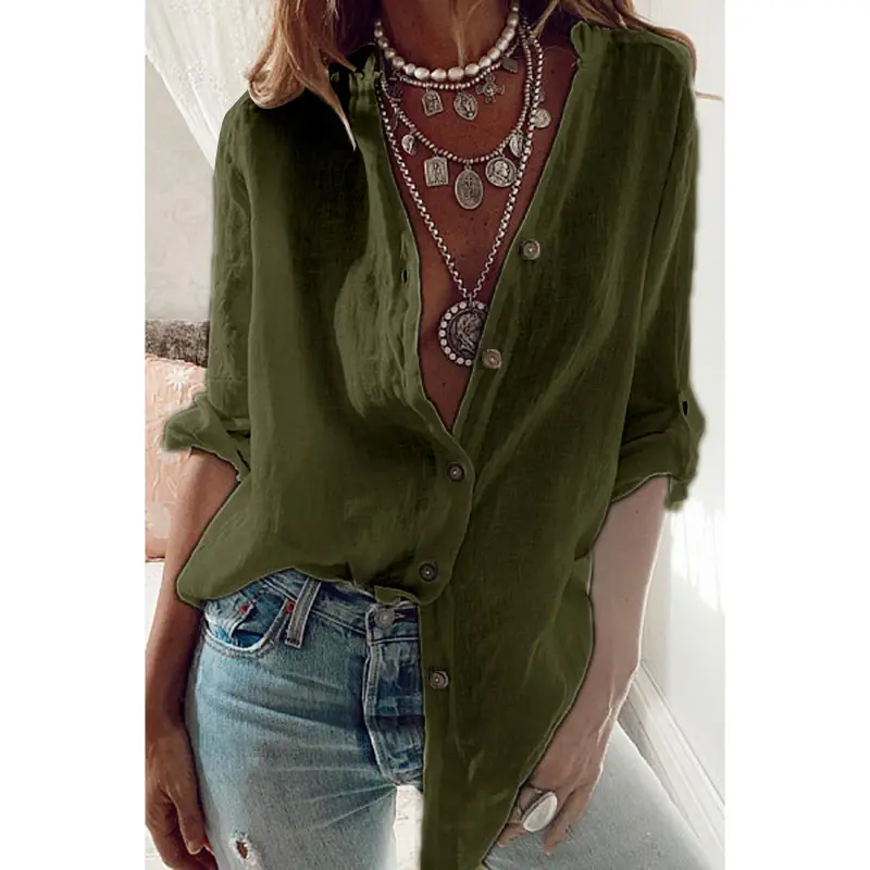 Women Cotton V-Neck Long Sleeve Top Red - Image 8