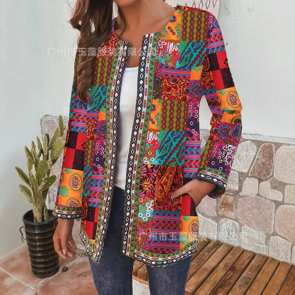 Vintage Ethnic Printed Loosen Crewneck Long Sleeve Cardigan Women Jacket - Image 3