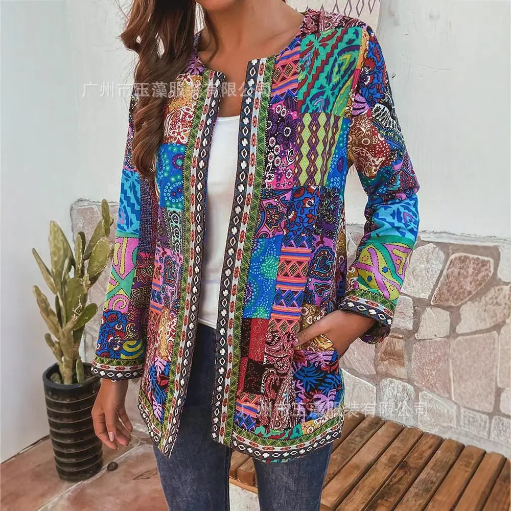 Vintage Ethnic Printed Loosen Crewneck Long Sleeve Cardigan Women Jacket - Image 4
