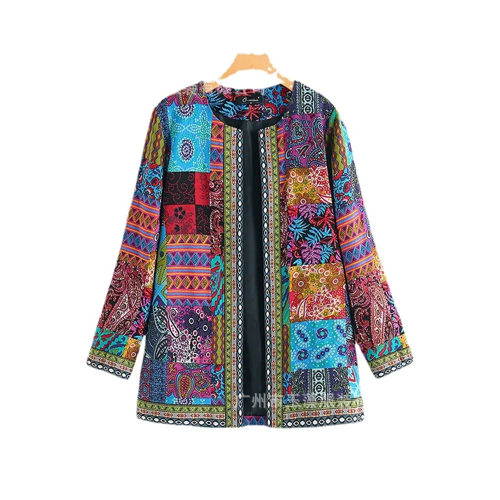 Vintage Ethnic Printed Loosen Crewneck Long Sleeve Cardigan Women Jacket - Image 6