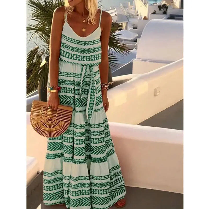 Women Printed V-Neck Beach Suit Green White - Image 11