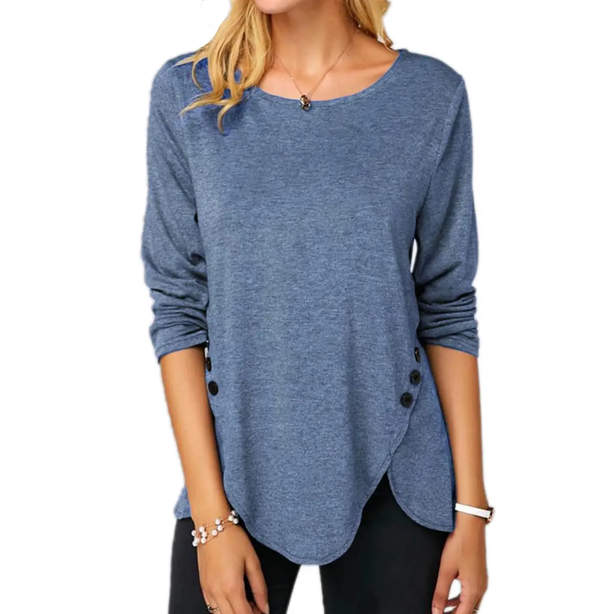 2021 Button Irregular Long Sleeve Women's T-Shirt Blue - Image 6