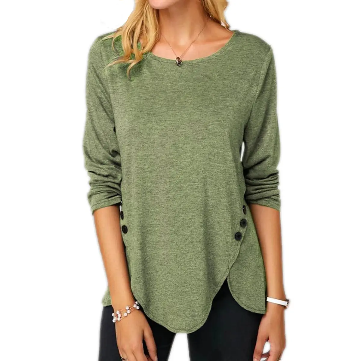 2021 Button Irregular Long Sleeve Women's T-Shirt Blue - Image 2