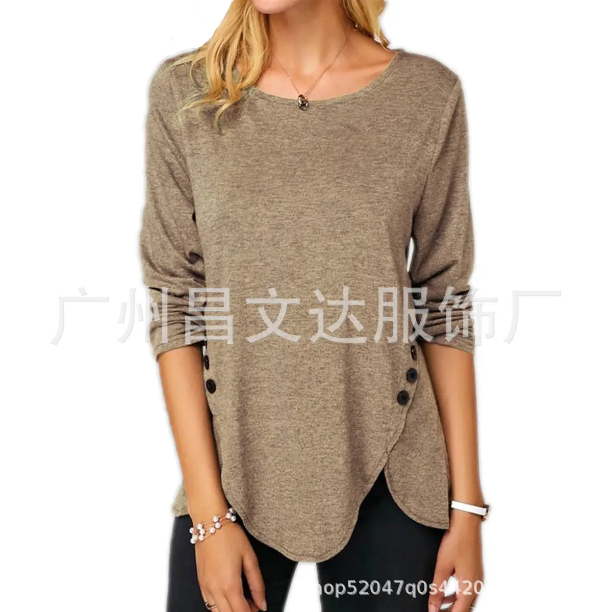 2021 Button Irregular Long Sleeve Women's T-Shirt Blue - Image 5