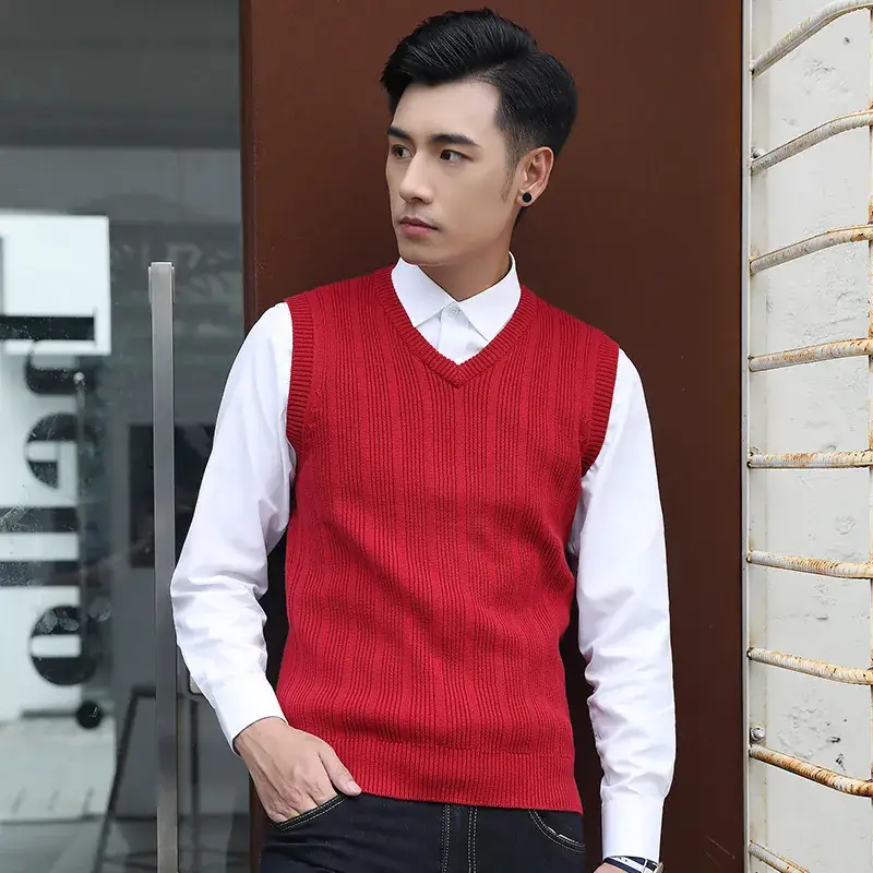 Men's V-Neck Knitted Sleeveless Vest Tan Slim Fit - Image 5