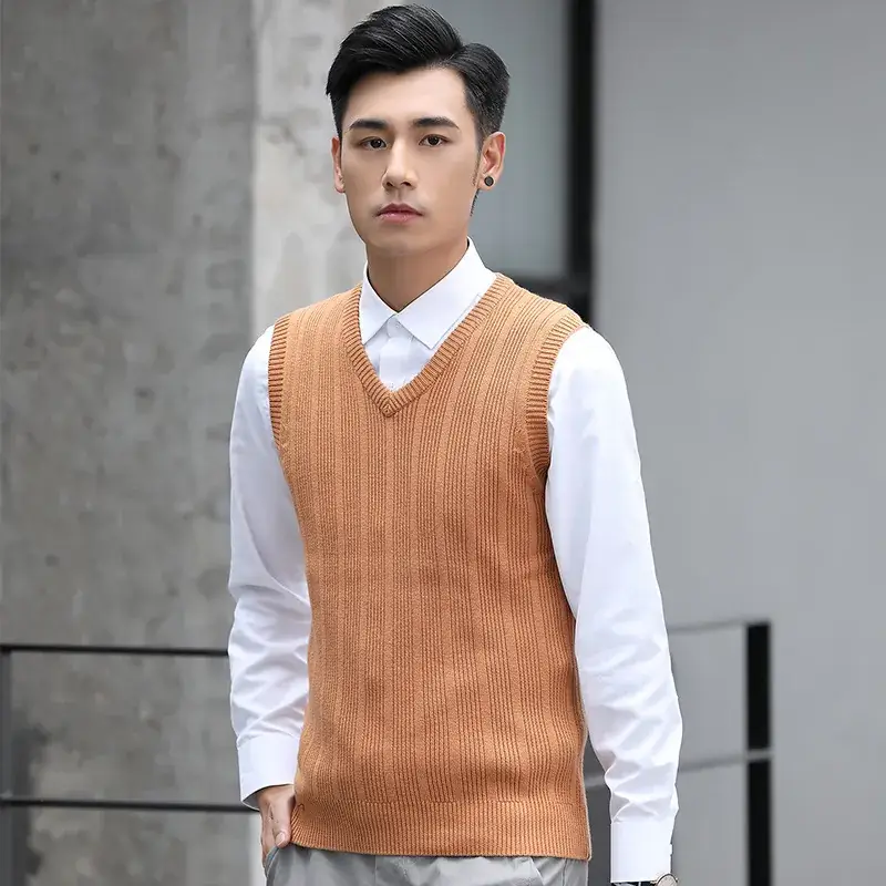 Men's V-Neck Knitted Sleeveless Vest Tan Slim Fit - Image 6