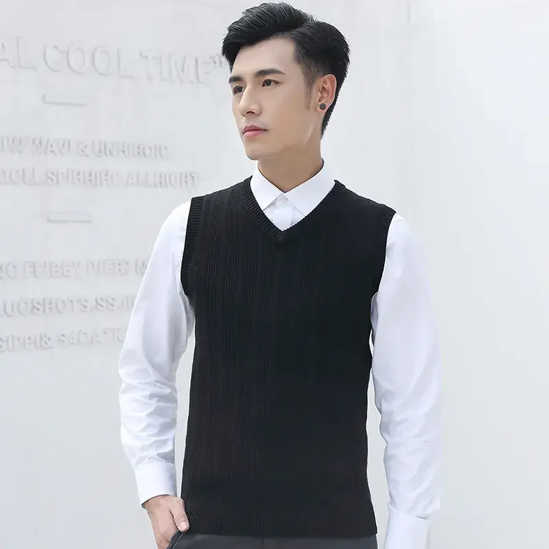 Men's V-Neck Knitted Sleeveless Vest Tan Slim Fit - Image 2