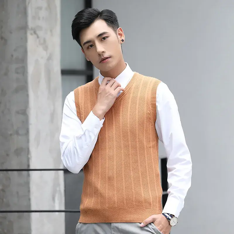 Men's V-Neck Knitted Sleeveless Vest Tan Slim Fit - Image 3